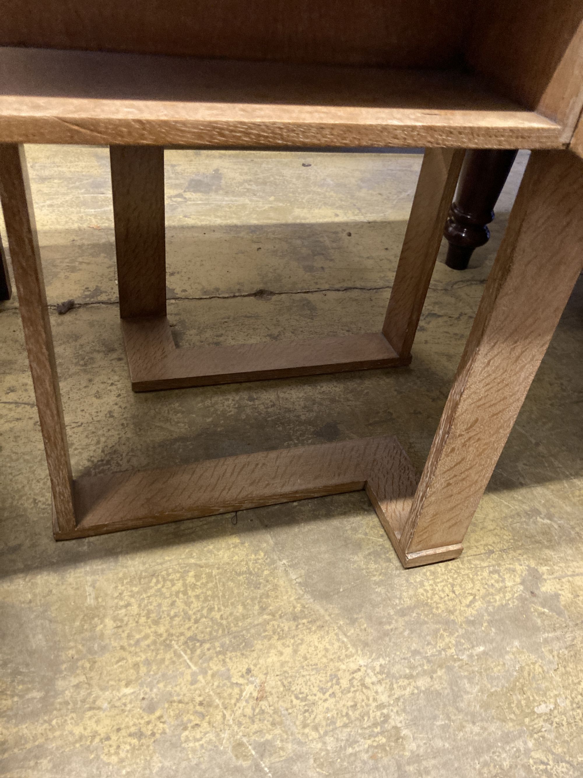 A cross banded limed oak square games table by Rowley, London, 76cm, height 75cm